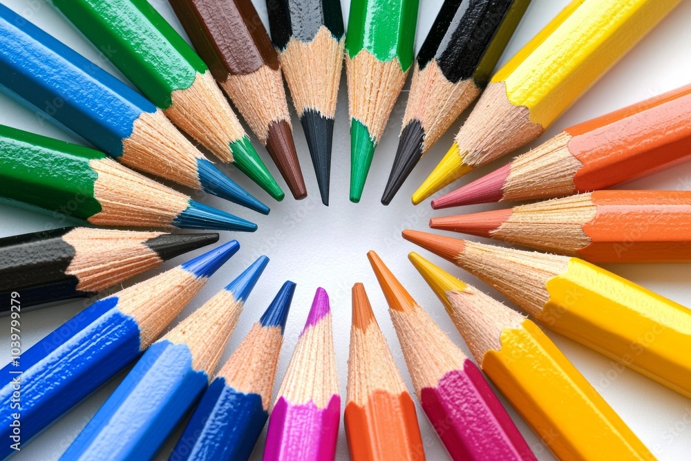 A colorful array of pencils arranged in a perfect circle on a white background, with each pencil's tip pointing toward the center. A colorful array of pencils arranged in a perfect circle on a white background, with each pencil's tip pointing toward the center.