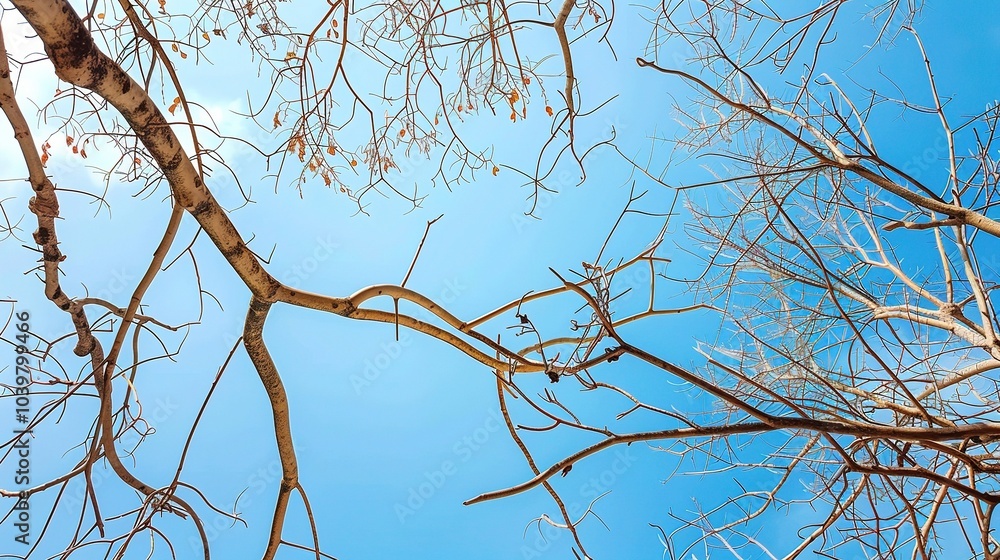 Dry tree branches with blue sky - a serene and natural sight. This image showcases dry tree branches against a beautiful blue sky, creating a sense of tranquility and simplicity Dry tree branches with blue sky - a serene and natural sight. This image showcases dry tree branches against a beautiful blue sky, creating a sense of tranquility and simplicity