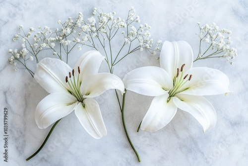 White lilies and baby’s breath on marble background with soft, serene aesthetic.
