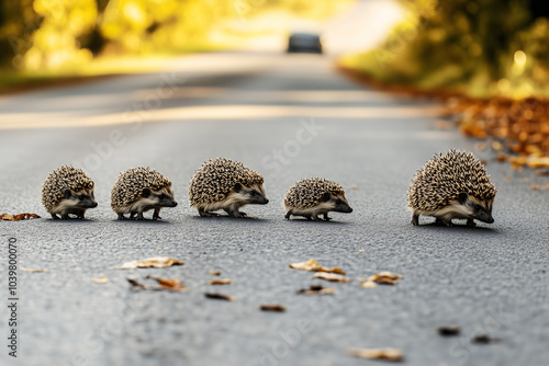 A family of hedgehogs crossing the road photo