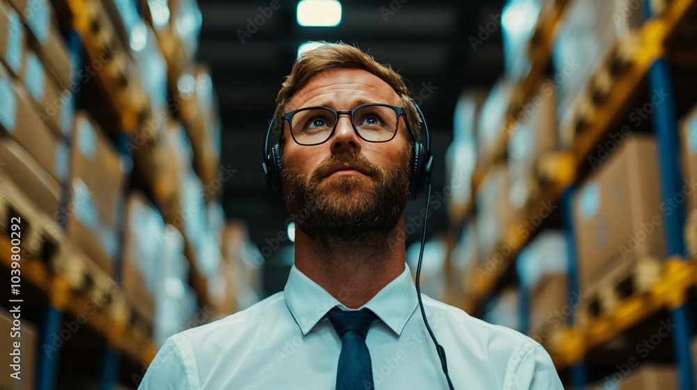 A focused man in glasses wearing headphones, standing in a warehouse filled with boxes, embodying concentration and productivity. A focused man in glasses wearing headphones, standing in a warehouse filled with boxes, embodying concentration and productivity.
