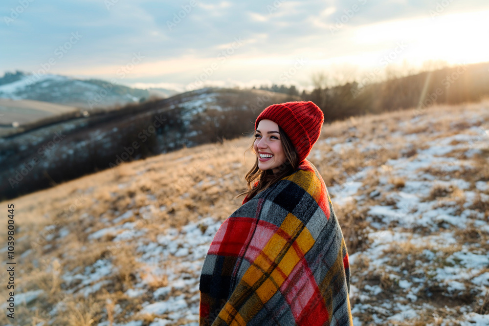 A woman wrapped in an elegant plaid blanket, wearing a red beanie hat , laughing standing on a snowy hillside. Beautiful nature background. Lifestyle concept. Photoshoot of a beautiful woman outdoors A woman wrapped in an elegant plaid blanket, wearing a red beanie hat , laughing standing on a snowy hillside. Beautiful nature background. Lifestyle concept. Photoshoot of a beautiful woman outdoors