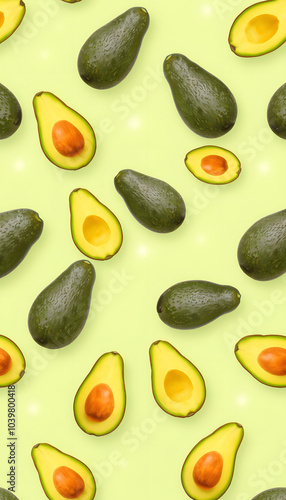 Wallpaper Mural Fresh avocado pattern on light green background isolated with white highlights, png Torontodigital.ca