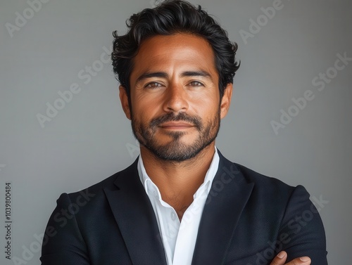 confident latin hispanic businessman standing with arms crossed, exuding professionalism and charisma, set against a clean white backdrop that enhances his presence