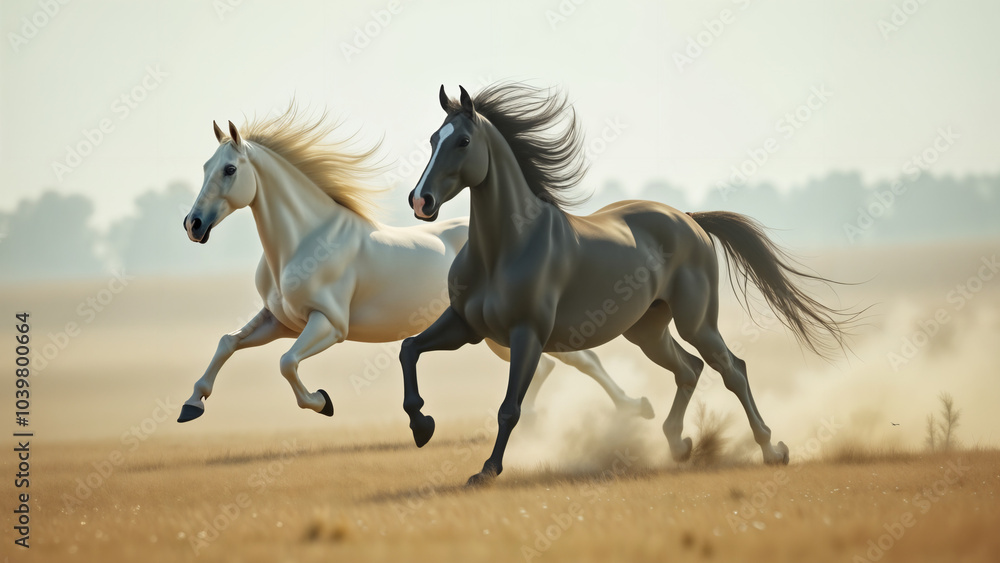 A Majestic Black and White Horse Gracefully Galloping Across an Open Field, Symbolizing Beauty and Strength A Majestic Black and White Horse Gracefully Galloping Across an Open Field, Symbolizing Beauty and Strength