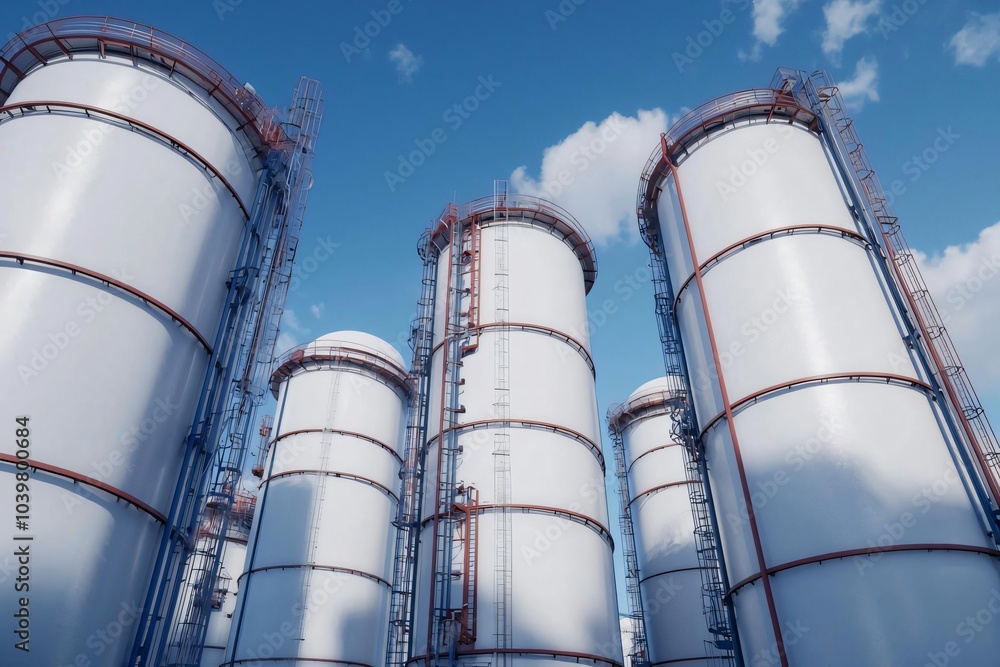 A group of large industrial storage tanks under a blue sky with clouds, showcasing the scale and structure of modern facilities. A group of large industrial storage tanks under a blue sky with clouds, showcasing the scale and structure of modern facilities.