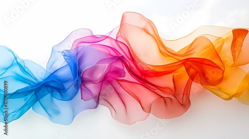 The image contains a translucent, flowing fabric in shades of blue, purple, red, orange, and yellow against a white background.