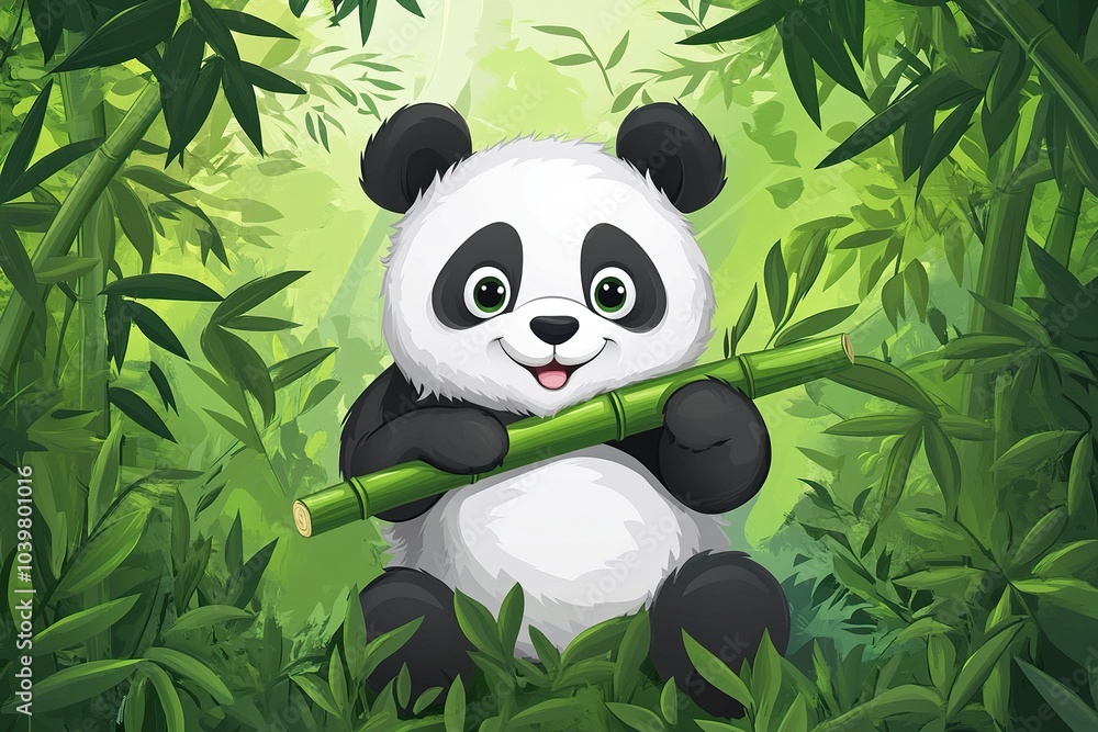 Cheerful Panda Enjoying Bamboo in Lush Forest Cheerful Panda Enjoying Bamboo in Lush Forest