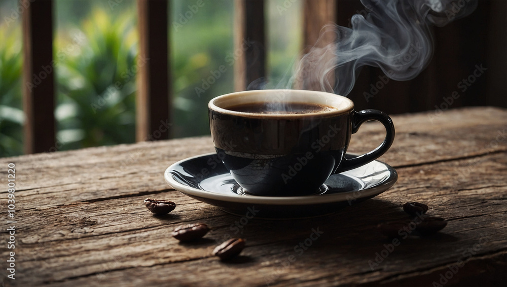 Hot cup of black coffee on a rustic wooden table, with steam rising and soft natural light from a nearby window. Hot cup of black coffee on a rustic wooden table, with steam rising and soft natural light from a nearby window.