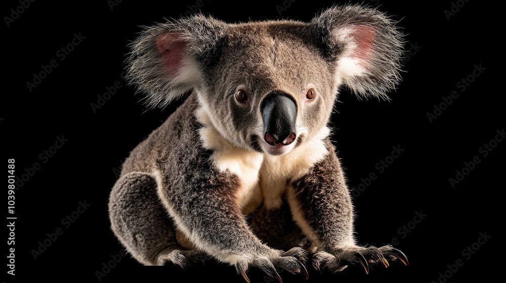 Fototapeta premium A close-up of a koala sitting against a black background.