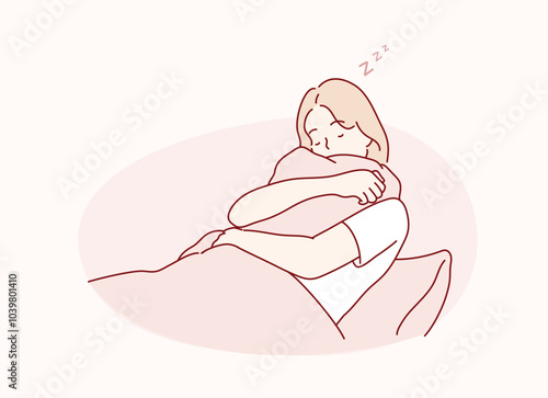  woman sleeping lying in bed on white soft comfortable pillow in room at home. Hand drawn style vector design illustrations.