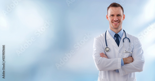 Doctor with stethoscope standing arms crossed in front of plain blue background. 