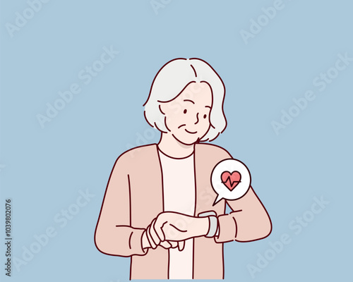Senior lifestyle character. An elderly woman is checking his health by looking at his smart watch. Hand drawn style vector design illustrations.