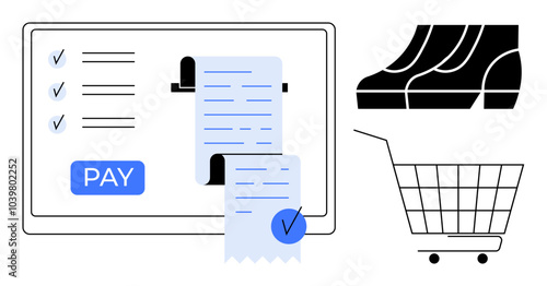 Shopping cart, receipt, and payment button on a screen with checkmarks. Ideal for e-commerce, online shopping, digital payments, retail, and order management. Clean and modern style