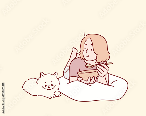 woman with cute cat.Hand drawn style vector design illustrations.