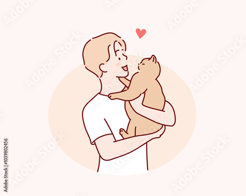man holding cute cat. Hand drawn style vector design illustrations.