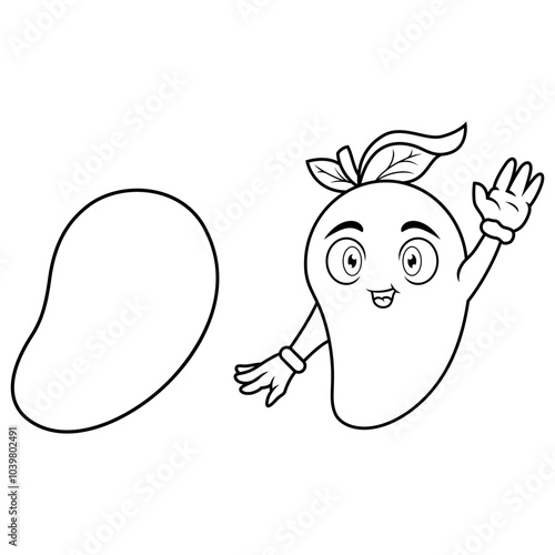 Cartoon cute mango fruit waving hand line art