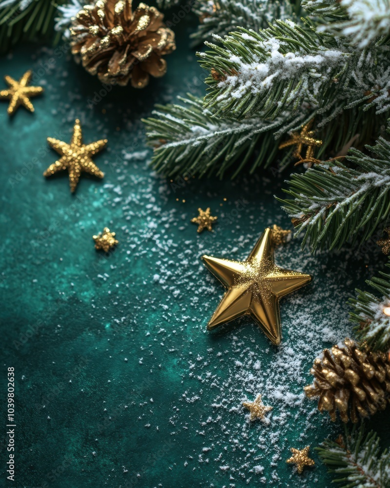 Gold letters on matte emerald background with snowy pine branches and golden stars.
Gold letters on matte emerald background with snowy pine branches and golden stars.