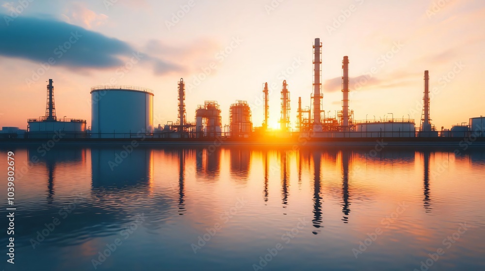 A stunning sunset over an industrial landscape, featuring oil refineries and reflective water, showcasing energy and nature's beauty. A stunning sunset over an industrial landscape, featuring oil refineries and reflective water, showcasing energy and nature's beauty.