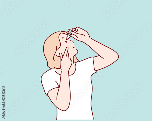 Young woman applying eye lubricant to treat dry eye or allergy. Hand drawn style vector design illustrations.