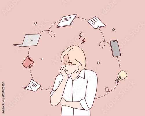 Focusing on problems. Work pressure. Too many thoughts in mind. Stress and anxiety. Hand drawn style vector design illustrations.