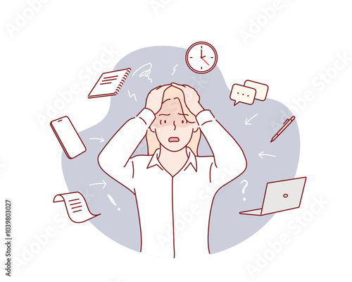 Focusing on problems. Work pressure. Too many thoughts in mind. Stress and anxiety. Hand drawn style vector design illustrations.