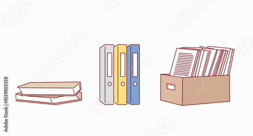 Pile of paper documents and file folders, Unorganized paper sheets and file binders. Hand drawn style vector design illustrations.