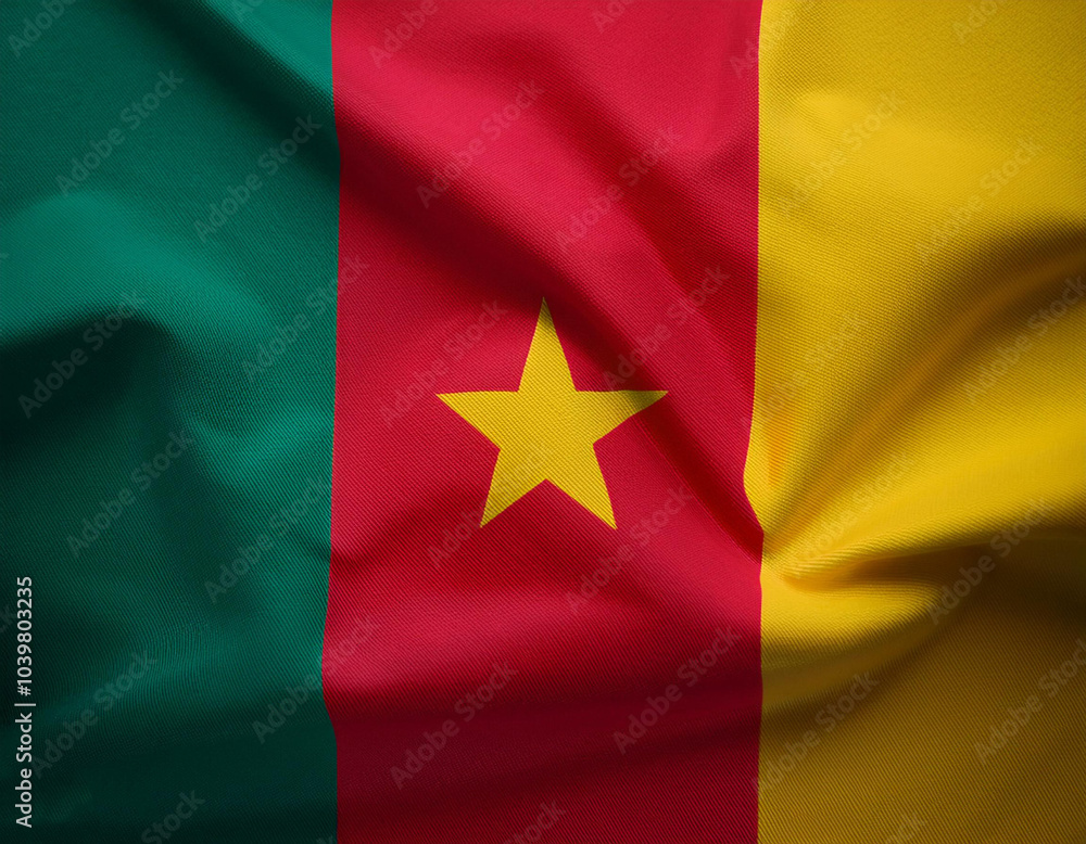 Republic of Cameroon flag waving in the wind. Cloth fabric texture ensign background. Use it for national day and country occasions concept Republic of Cameroon flag waving in the wind. Cloth fabric texture ensign background. Use it for national day and country occasions concept