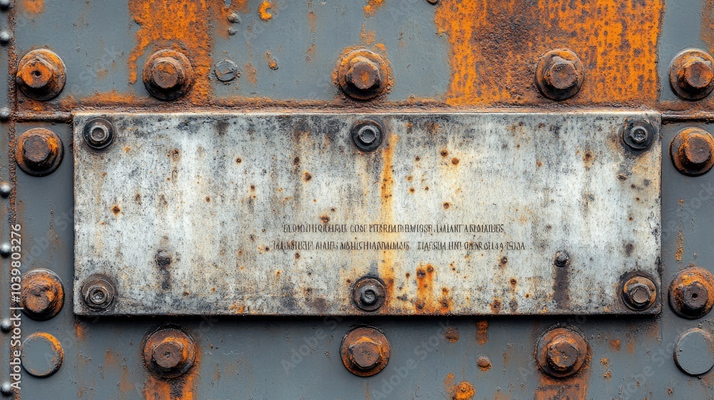 A close-up of a rusted metal plate with bolts and faded inscription. A close-up of a rusted metal plate with bolts and faded inscription.