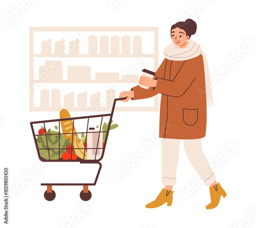 A woman shopping for eco-friendly products at a local market. Female with grocery basket in supermarket doing shopping. Flat illustration