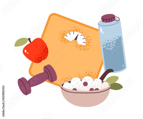 Scales, breakfast porridge, dumbbells isolated on white background. Weight control and diet concept. Flat illustration