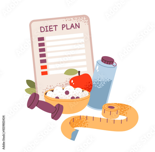 Diet plan with healthy eating and fitness. Flat illustration of food, dumbbells and measuring tape isolated on white background. Nutritionist concept