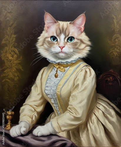 Victorian style oil portrait of Victorian a cream cat wearing a posh satin dress photo