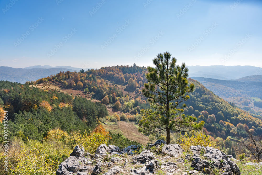Fototapeta premium Nature and viewpoints of the mountain Bobija in Western Serbia, near the town of Valjevo. A nature reserve with hiking trails, landscape and a natural background.