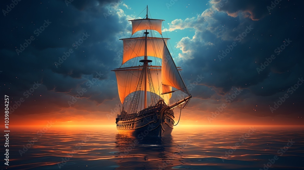 Fototapeta premium A majestic sailing ship glides through the calm waters of the ocean at sunset, with clouds illuminated in hues of orange and blue.