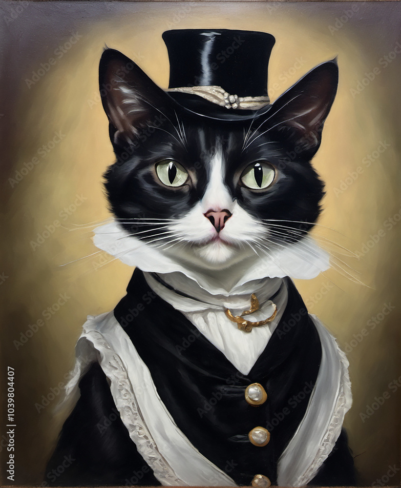 A sophisticated black and white cat dressed in Victorian-style attire, exuding elegance and charm. A sophisticated black and white cat dressed in Victorian-style attire, exuding elegance and charm.