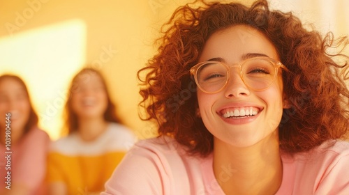 A cheerful woman with curly hair and glasses smiles broadly surrounded by friends in a warm orangetoned atmosphere photo