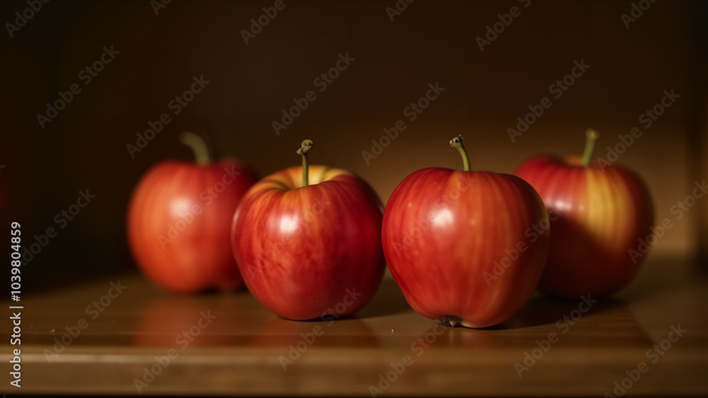 A Still-Life Composition: Four Vibrant Apples Resting on a Rustic Wooden Bookshelf A Still-Life Composition: Four Vibrant Apples Resting on a Rustic Wooden Bookshelf