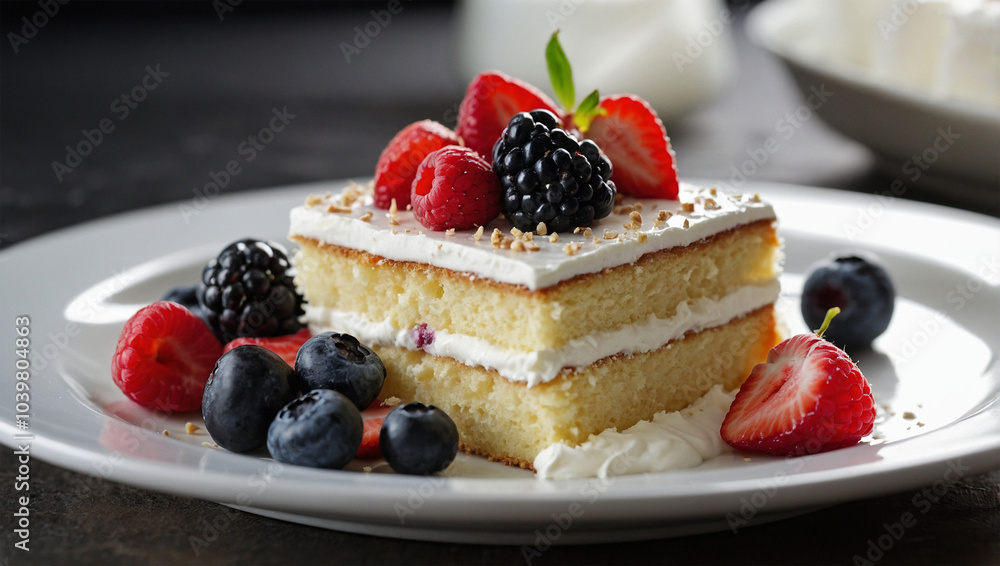 Slice of vanilla cake topped with whipped cream and fresh berries, placed on a white plate with soft lighting. Slice of vanilla cake topped with whipped cream and fresh berries, placed on a white plate with soft lighting.