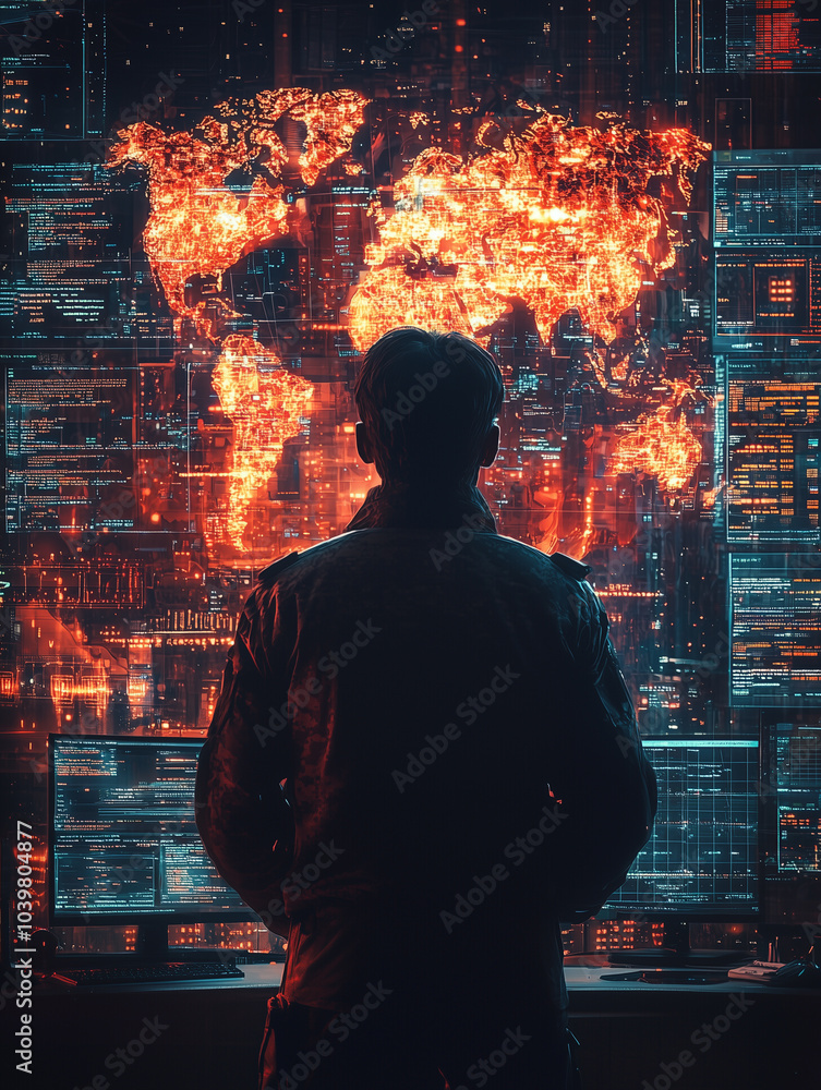 person is standing in front of a large digital display showing a glowing world map with various data points and information overlaysc person is standing in front of a large digital display showing a glowing world map with various data points and information overlaysc