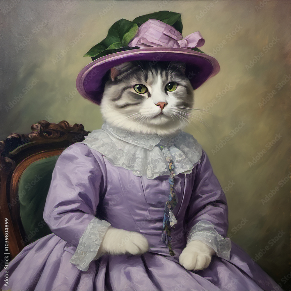 A charming portrait of a cat dressed in an elegant 19th-century gown, complete with a decorative hat. A charming portrait of a cat dressed in an elegant 19th-century gown, complete with a decorative hat.