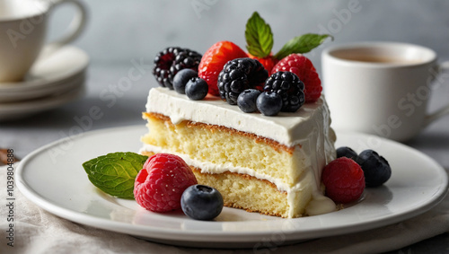 Slice of vanilla cake topped with whipped cream and fresh berries, placed on a white plate with soft lighting.