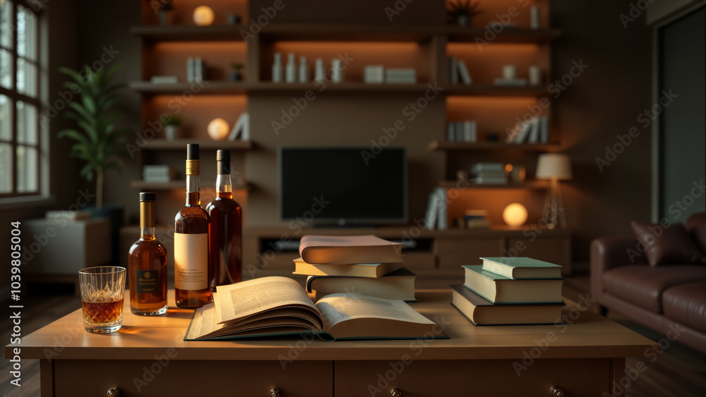A Cozy Home Retreat: A Serene Living Room Filled with Computer Books and Liquor Bottles for Relaxation A Cozy Home Retreat: A Serene Living Room Filled with Computer Books and Liquor Bottles for Relaxation