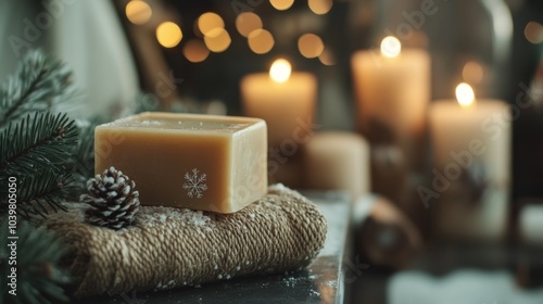 Skin care natural crafted handmade soap winter Christmas atmosphere background