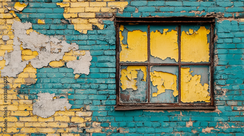 Naklejka premium Weathered blue and yellow brick wall with a faded window in an urban setting