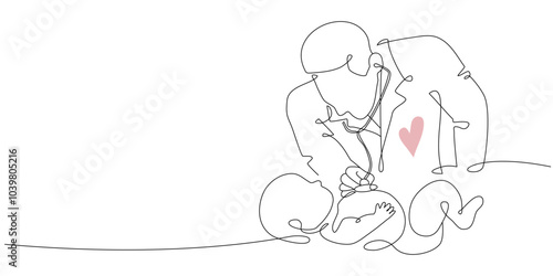 Continuous line drawing of doctor pediatrician and newborn baby silhouette isolated on white background