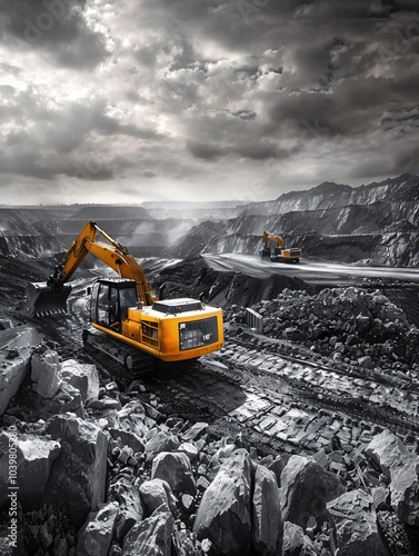 Excavator, heavy equipment working in a quarry