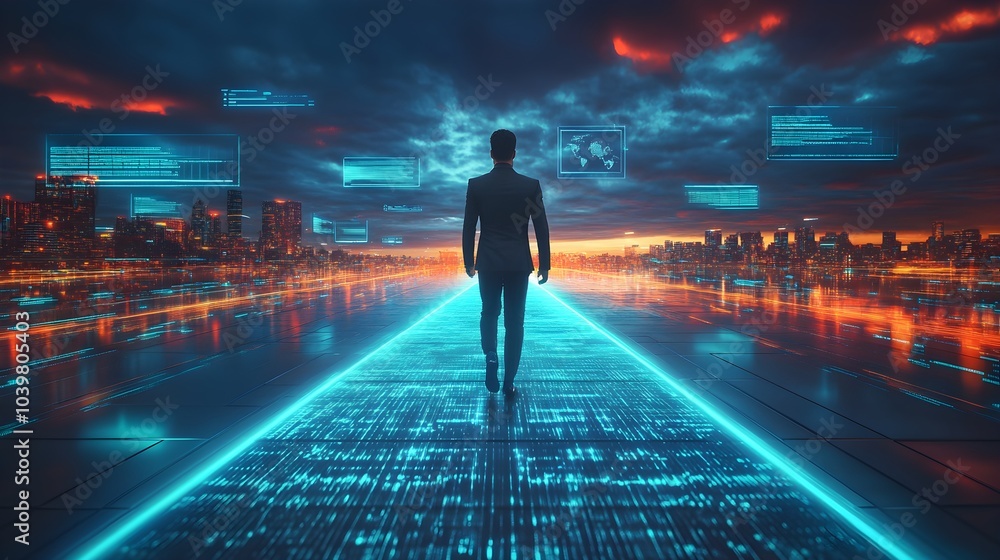 Businessman in sleek attire crossing a bright digital finish line with floating holograms showing race metrics, dramatic lighting, neon blues and greens, cyber-futuristic atmosphere Businessman in sleek attire crossing a bright digital finish line with floating holograms showing race metrics, dramatic lighting, neon blues and greens, cyber-futuristic atmosphere