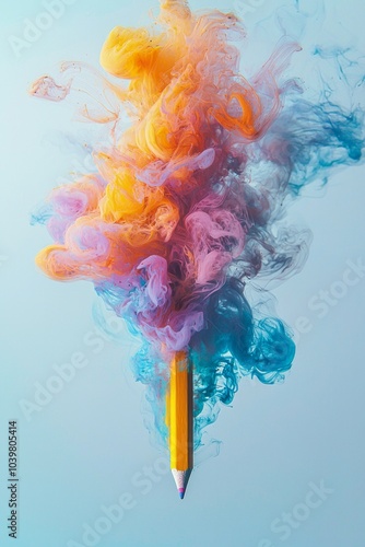 A floating pencil with an abstract colourful smoke