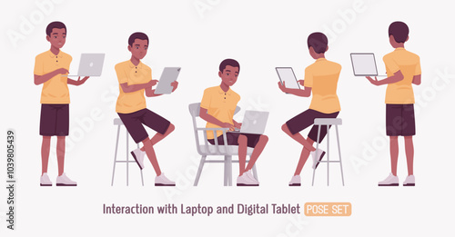 Handsome dark skin man wearing classic polo shirt set, tablet, laptop using pose. Confident relaxed guy in traditional modern appearance, casual look for sports, business occasion. Vector illustration